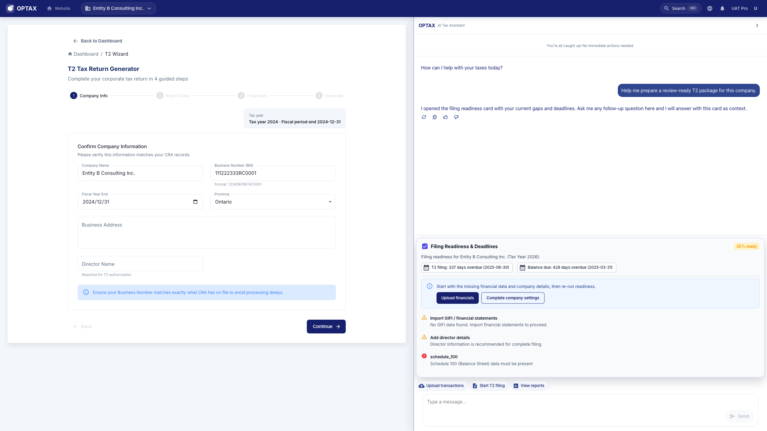 Real OPTAX workspace showing a T2 wizard beside the AI assistant filing-readiness card.